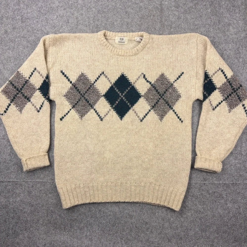VTG Umberto Sweater Men Medium Tan Argyle 100% Virgin Shetland Wool Crewneck 90s